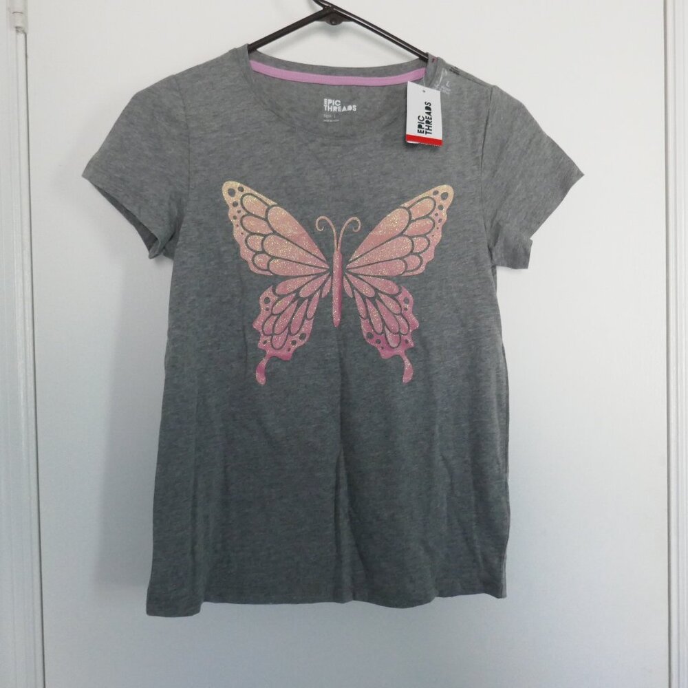 NWT Epic Threads gray t-shirt pink and orange butterfly graphic tee girls size L